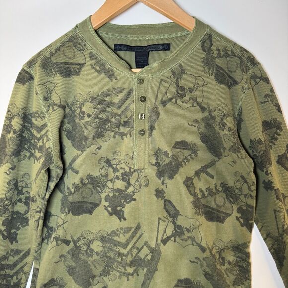 Our Silent Procession Henley Top Women Medium Green Skull Print Long Sleeve Y2K - Picture 2 of 11